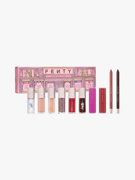 Fenty Beauty Lip Vault in multiple branded components on a light gray background