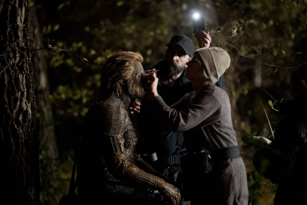 Makeupeffects artist Sarah Rubano touches up Alexander Skarsgard's Wicker Husband prosthetics on set of the movie Wicker.