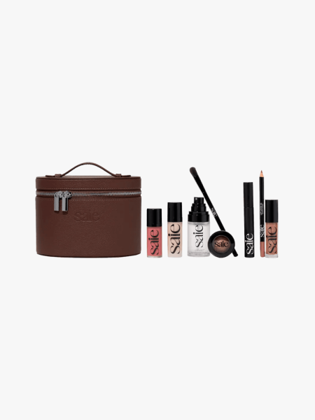 Saie Best of Saie Mini Vanity Case Vault in multiple branded components on a light gray background